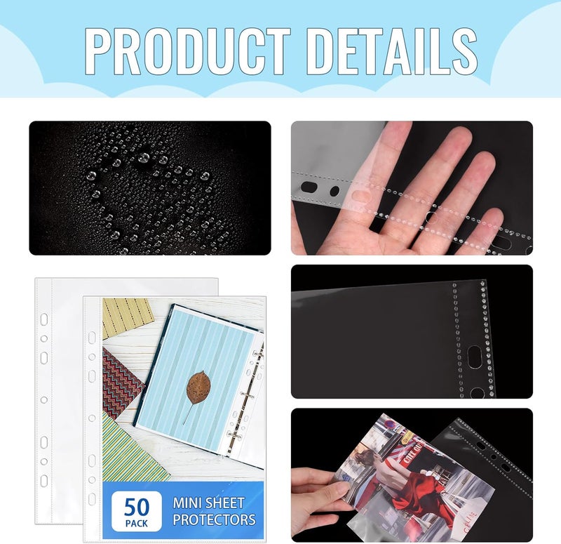 VOKOY 50 Pack 5.5x8.5 Inch Sheet Protectors for 3 or 6 Ring A5 Binder, Half Letter Size 7 Holes Mini Heavy-Duty Sheet Protector Sleeves Crystal Clear Playbill Binder Pockets - Image 3